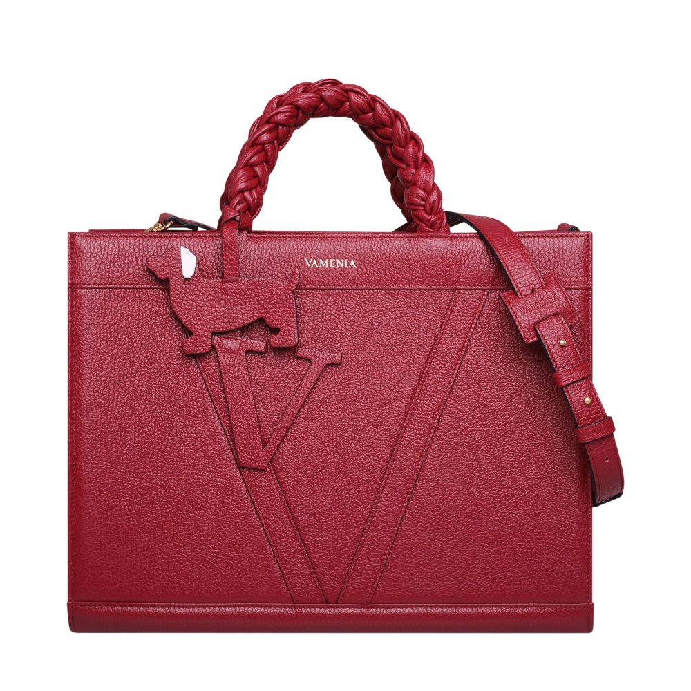 Handbag made of  calfskin with braided handles wine red